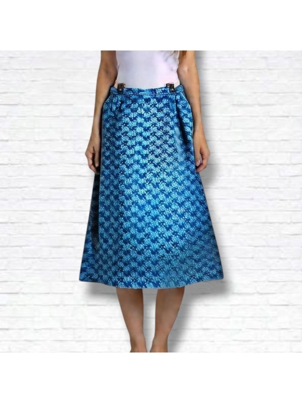 Vintage "Pykettes" Floral Print Denim Midi Length A Line Skirt Size 32